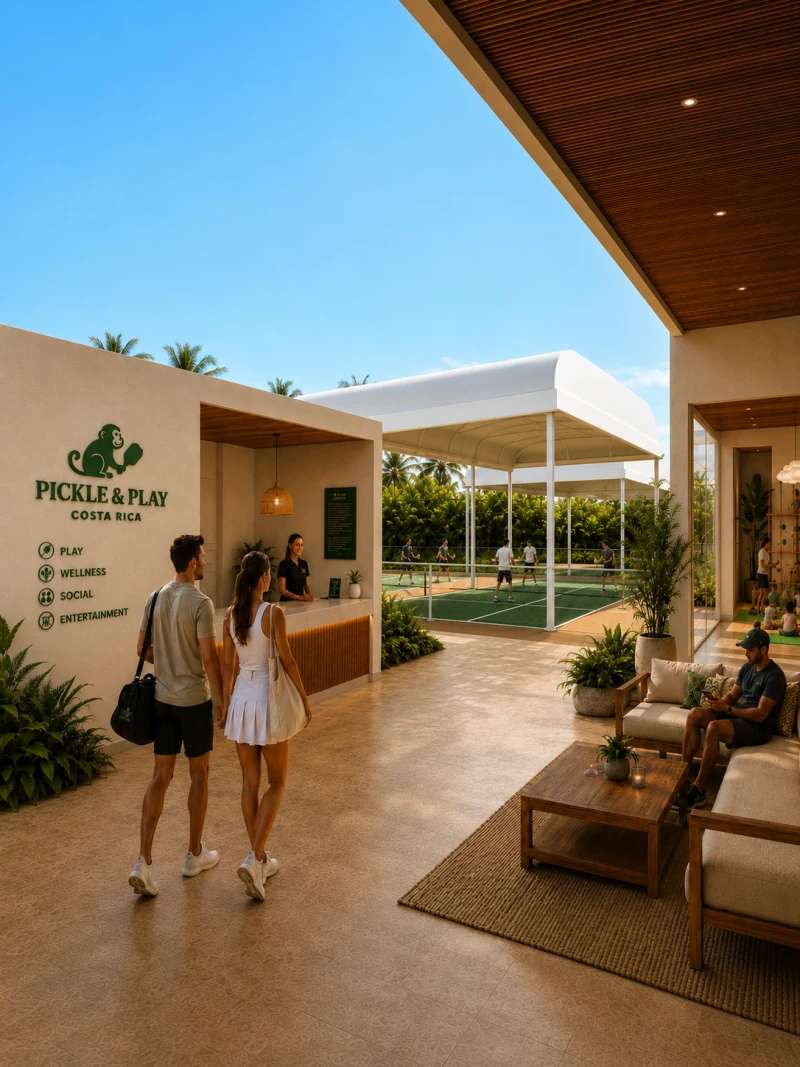 Modern pickleball club lobby with outdoor courts