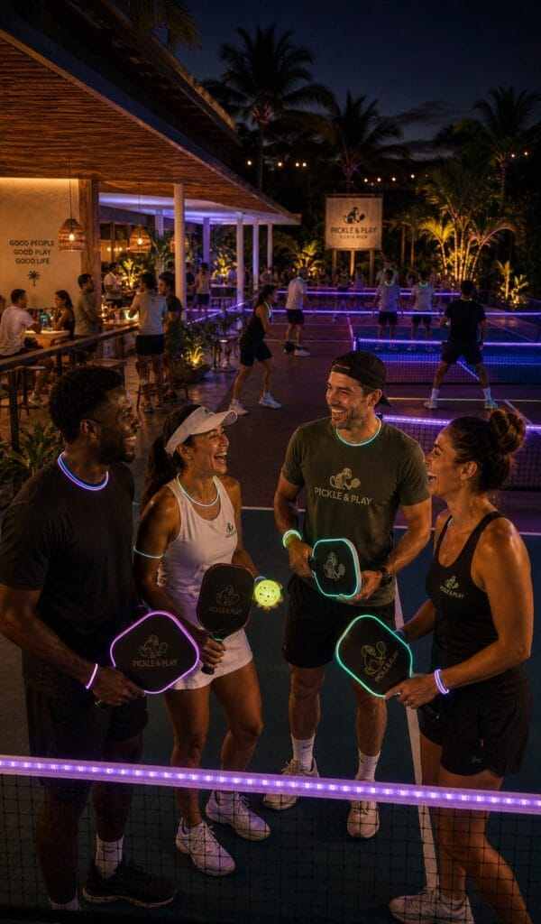 Players laughing with glowing paddles during a night pickleball session under neon lights
