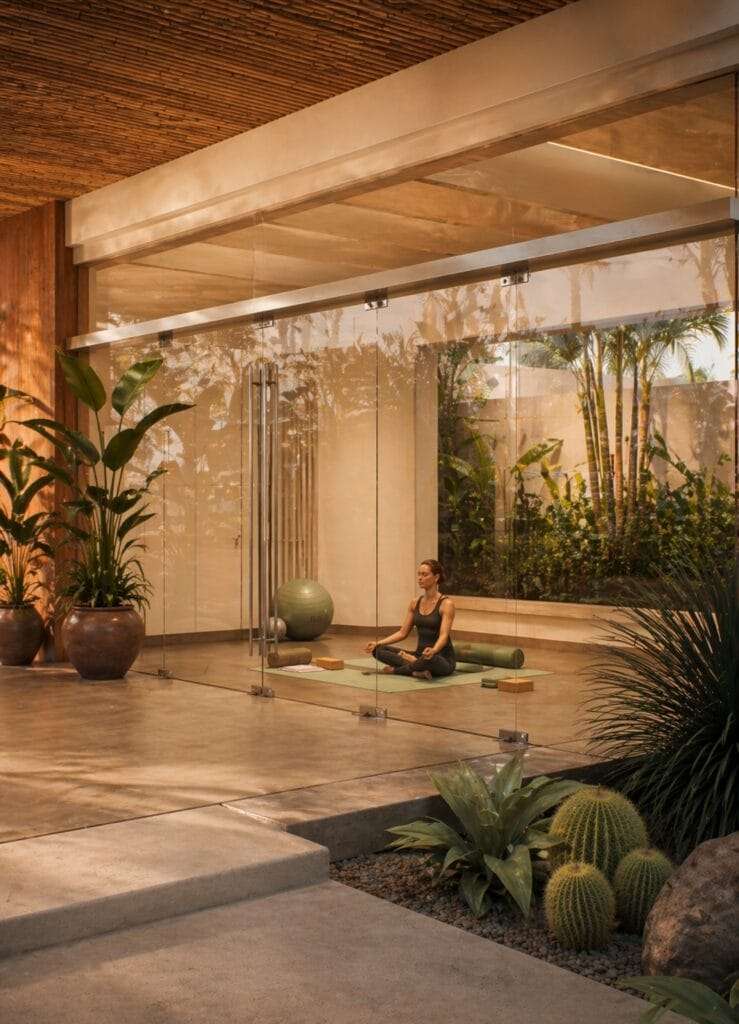 A woman meditating on a mat in a glass-walled yoga room surrounded by plants