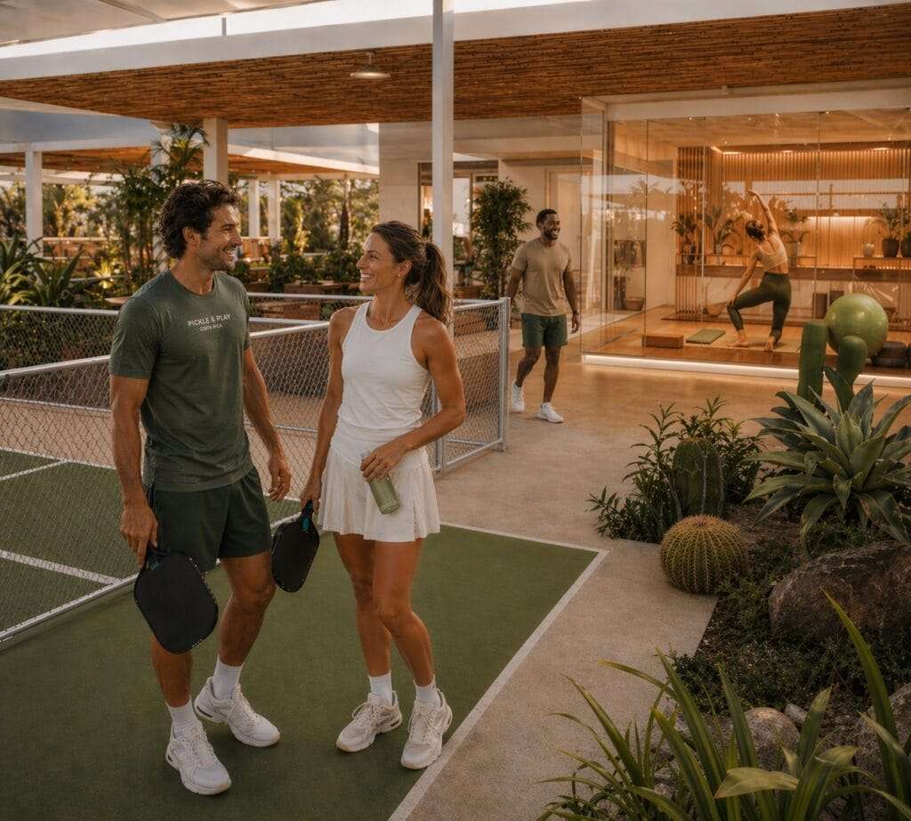 A couple holding pickleball paddles and chatting beside the court, with a yoga studio behind them