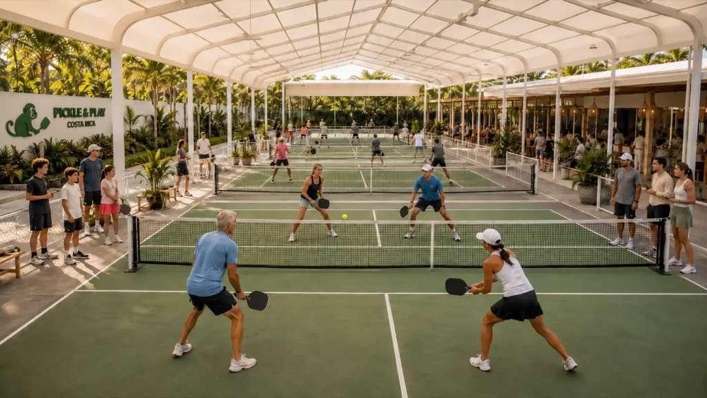 People playing pickleball at covered tropical courts