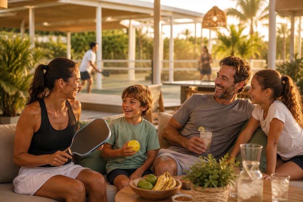 Family relaxing with pickleball gear at sunset patio