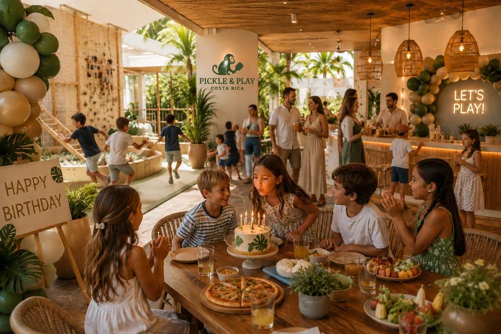 Children celebrating birthday with cake at tropical venue