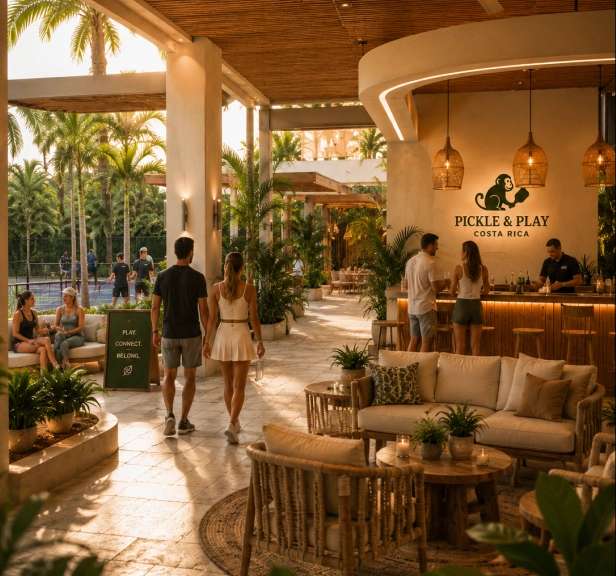 Tropical pickleball club lounge in Costa Rica