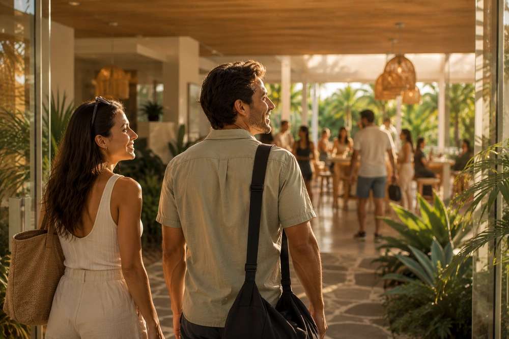 Couple entering tropical resort lobby at sunset