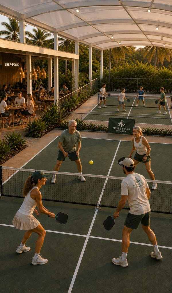 Two couples playing a doubles game of pickleball on a green court