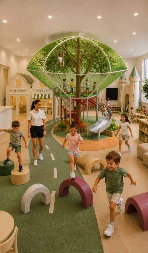 Children playing in a kids' play village with a slide and toy shop fronts