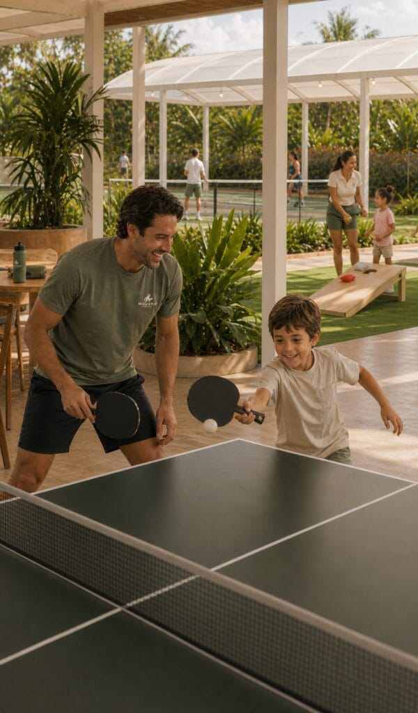 A father and his son playing table tennis on the club terrace