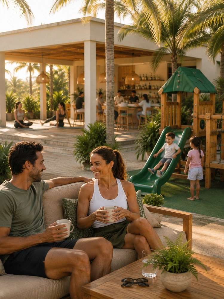 Couple relaxing with coffee near kids playground