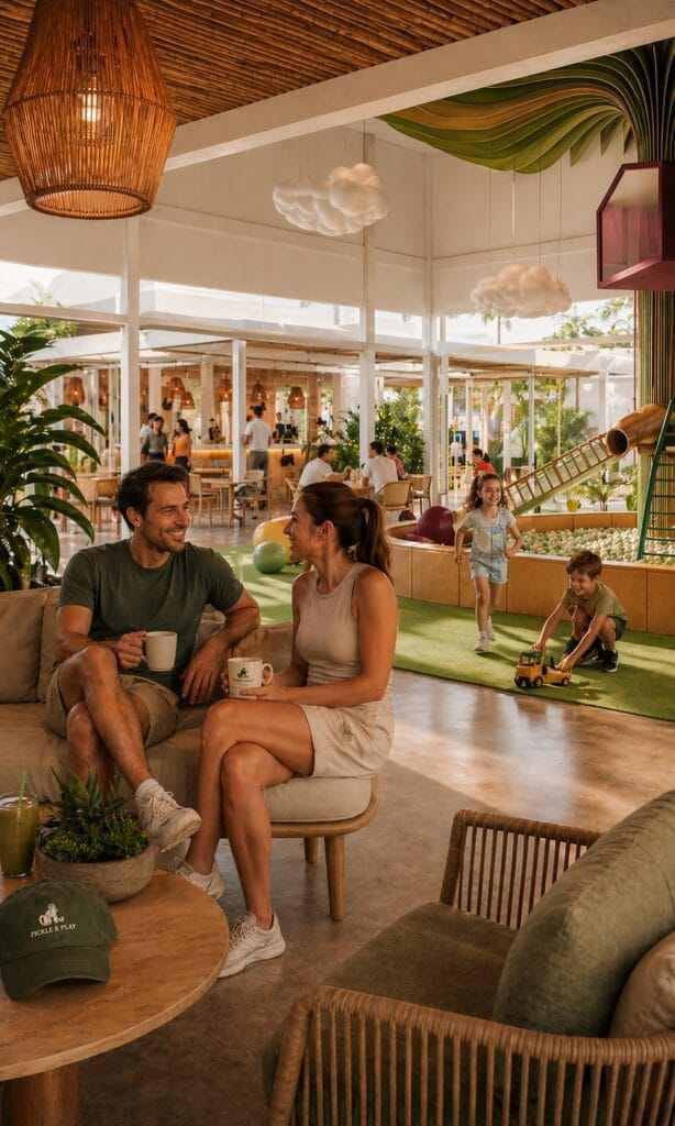 Parents chatting over coffee on a lounge sofa while their children play on the play area behind them