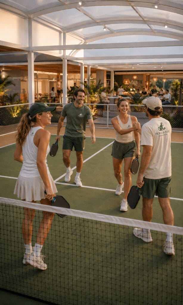 Friends smiling as they walk off a pickleball court with their paddles after a game