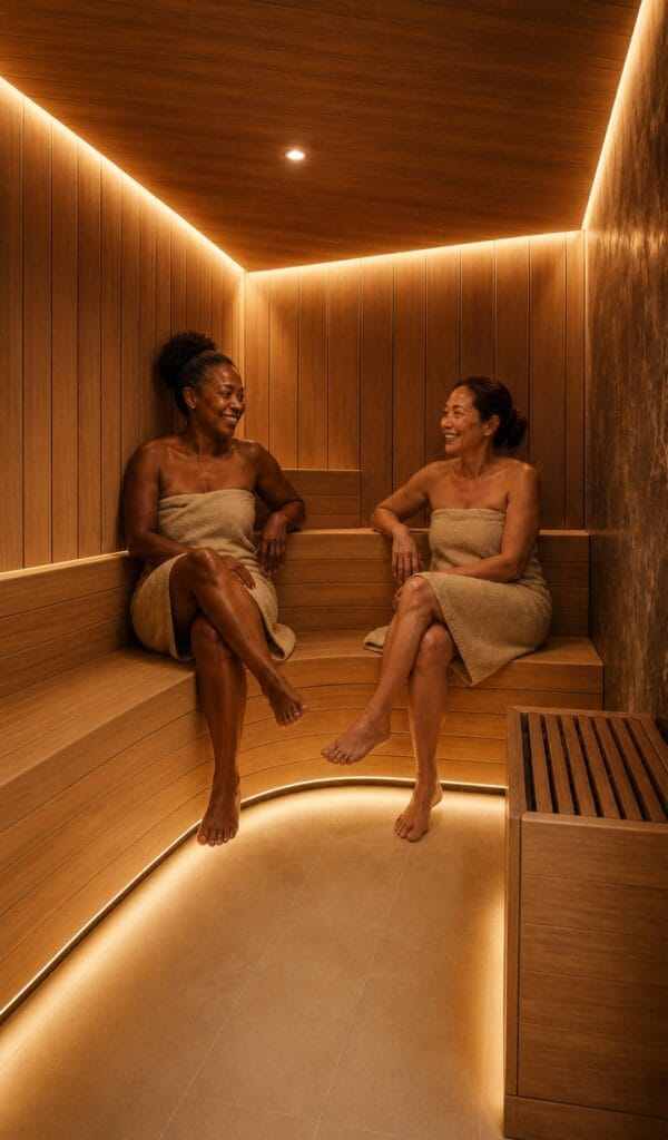 Two women relaxing and laughing together in a wooden sauna